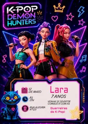 Convite de Aniversário K-Pop Demon Hunters Neon Editável