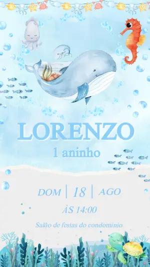 Convite Aniversário Fundo do Mar com Baleia para Editar Online