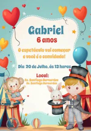 Convite Aniversário Circo com Mágico para Editar Online