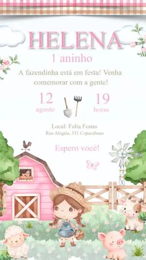 Convite Aniversário Fazendinha Menina para Editar Online