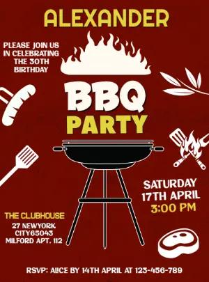 Editable BBQ Birthday Party Invitation with Grill Elements