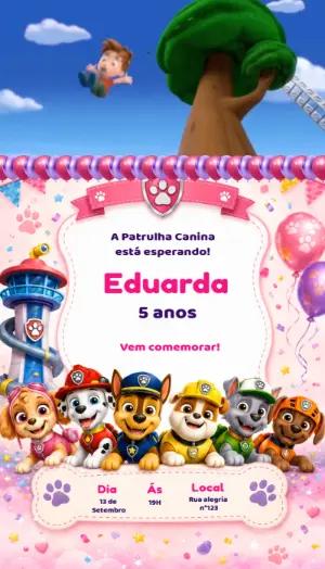 Convite Animado Aniversário Patrulha Canina Rosa Editável