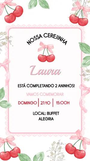 Convite de Aniversário Tema Cerejinha Delicado para Editar