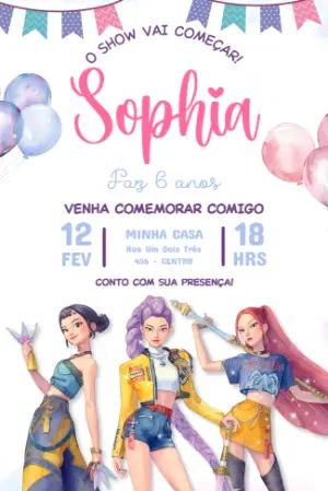 Convite de Aniversário Guerreiras K-pop Aquarela Editável