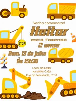 Convite Aniversário Construção com Tratores para Editar Online