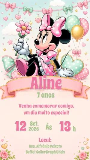 Convite de Aniversário Minnie Mouse Rosa e Verde Editável