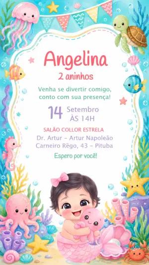 Convite Aniversário Sereia Fundo do Mar Editável
