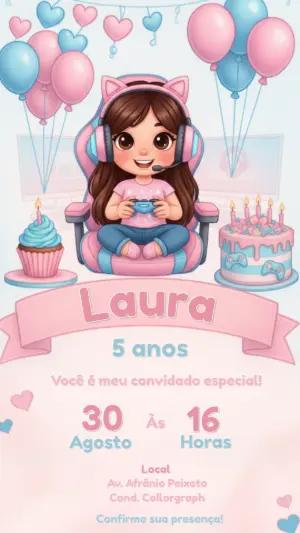 Convite de Aniversário Gamer Menina Rosa e Azul Editável