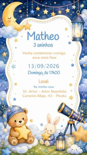 Convite Editável Aniversário Festa do Pijama Ursinho e Estrelas
