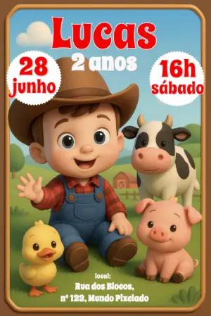 Convite Aniversário Fazendinha com Animais para Editar Online