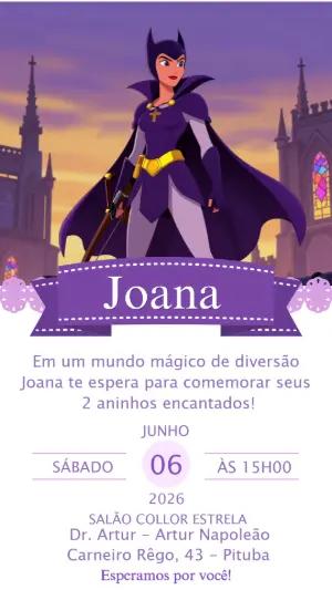 Convite de Aniversário Super-Heroína Roxa Editável