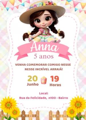 Convite Aniversário Festa Junina Menina Caipira para Editar Online