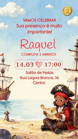 Convite de Aniversário Pirata Menina Aquarela para Editar
