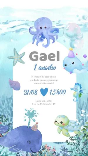 Convite Aniversário Fundo do Mar com Animais para Editar Online