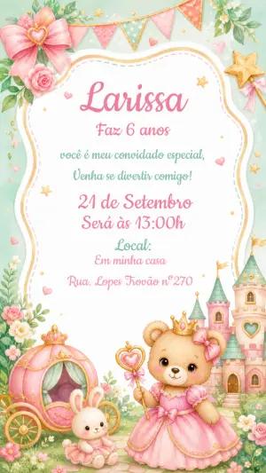 Convite de Aniversário Ursinha Princesa Aquarela Editável