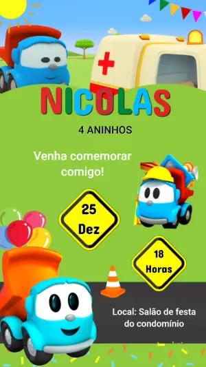 Convite Animado Aniversário Infantil Caminhões para Editar