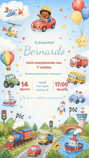 Convite de Aniversário Meios de Transporte Aquarela Editável