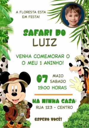 Convite Aniversário Safari Mickey com Foto para Editar Online