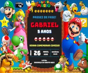 Convite de Aniversário Super Mario com Personagens para Editar