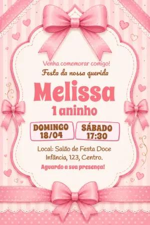 Convite de Aniversário Menina com Laços Rosa Editável