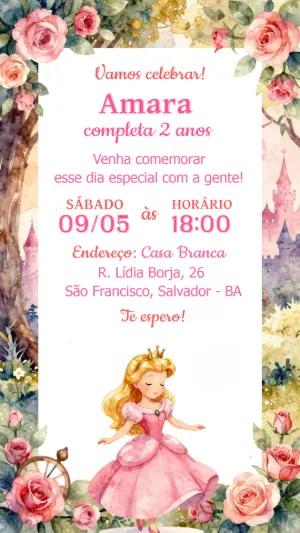 Convite de Aniversário Princesa Rosa Aquarela para Editar