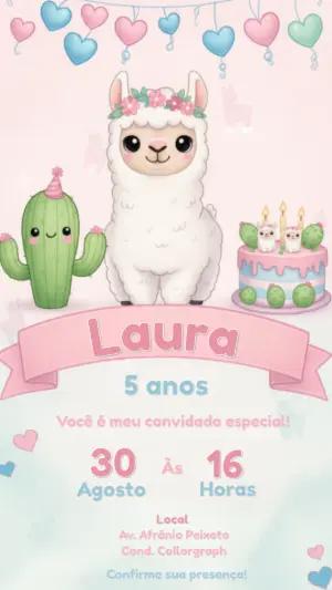 Convite Digital Aniversário Infantil Tema Lhama para Editar