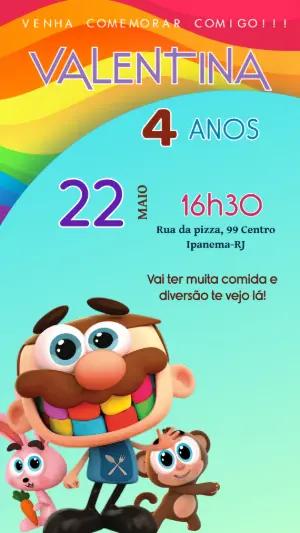 Convite de Aniversário Infantil Colorido com Personagens Editável