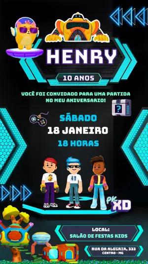 Convite de Aniversário PK XD Gamer Neon para Editar