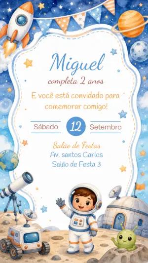 Convite de Aniversário Astronauta Aquarela para Editar