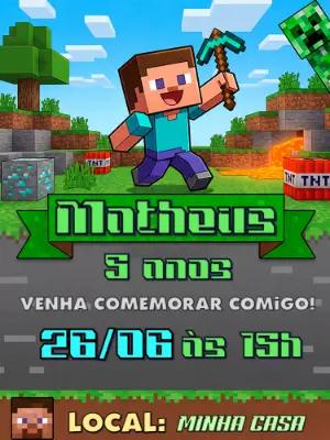 Convite de Aniversário Minecraft Editável com Estilo de Jogo