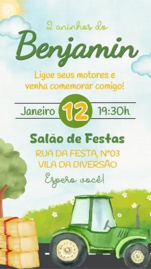 Convite de Aniversário Infantil Trator Verde Aquarela Editável
