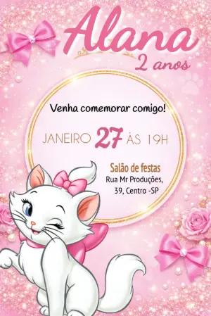 Convite de Aniversário Gatinha Marie Rosa com Glitter Editável