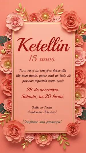 Convite 15 Anos Floral Rosa e Dourado Editável