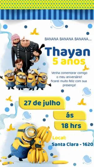 Convite Digital Aniversário Minions Amarelo e Azul Editável