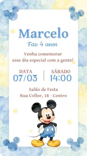 Convite de Aniversário Mickey Aquarela para Editar
