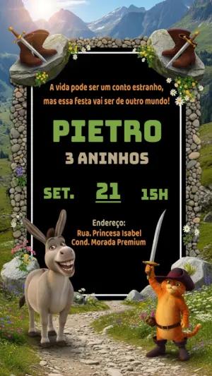 Convite Aniversário Shrek com Burro e Gato de Botas para Editar