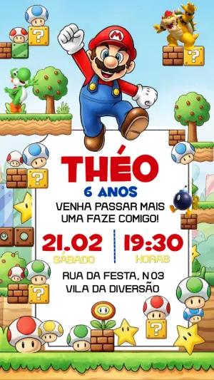 Convite Digital Aniversário Infantil Super Mario para Editar