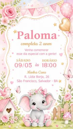 Convite de Aniversário Elefantinha Aquarela Modelo Editável
