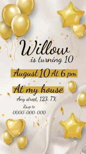 Elegant Golden Balloon Birthday Invitation Editable Template