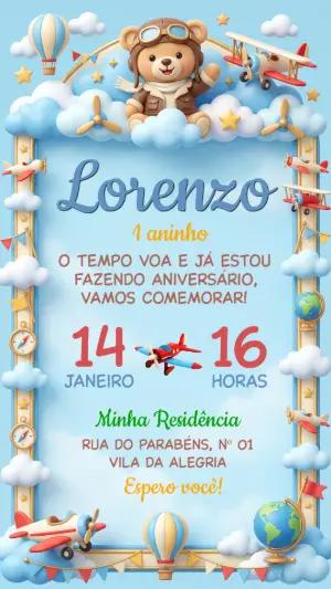 Convite de Aniversário Ursinho Aviador Azul para Editar