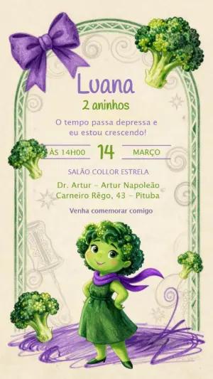 Convite de Aniversário Infantil Tema Brócolis Verde e Roxo Editável