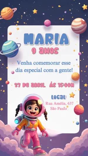 Convite de Aniversário Astronauta Menina para Editar Online