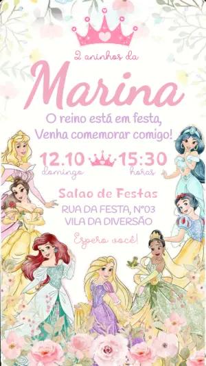 Convite de Aniversário Princesas Disney Floral para Editar