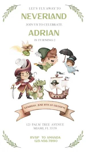 Neverland Birthday Invitation | Watercolor Peter Pan Digital Template
