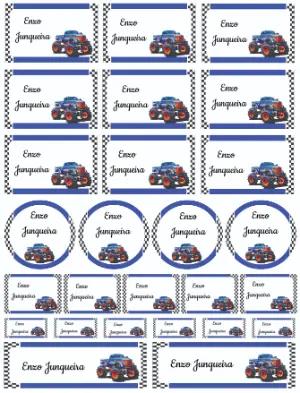 Kit de Etiquetas Escolares Editáveis Tema Carro Monstro Azul