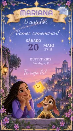 Convite de Aniversário Asha Wish O Poder de Desejar Editável