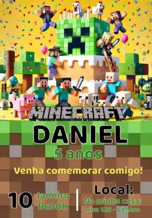 Convite de Aniversário Minecraft Editável Estilo Blocos