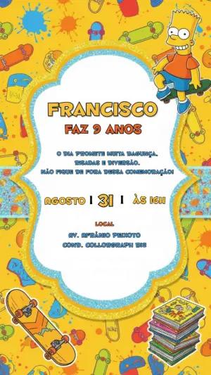Convite de Aniversário Bart Simpson Skate Modelo Editável