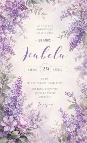 Convite de Aniversário Floral Lilás Elegante para Editar