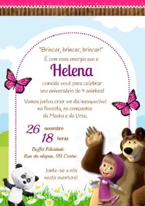 Convite Animado Masha e o Urso para Aniversário Infantil Editável